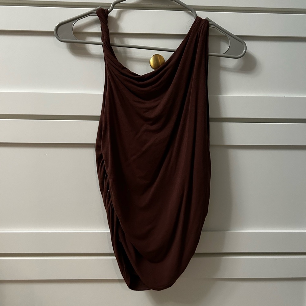 Brown One Shoulder Ruched Tank Top